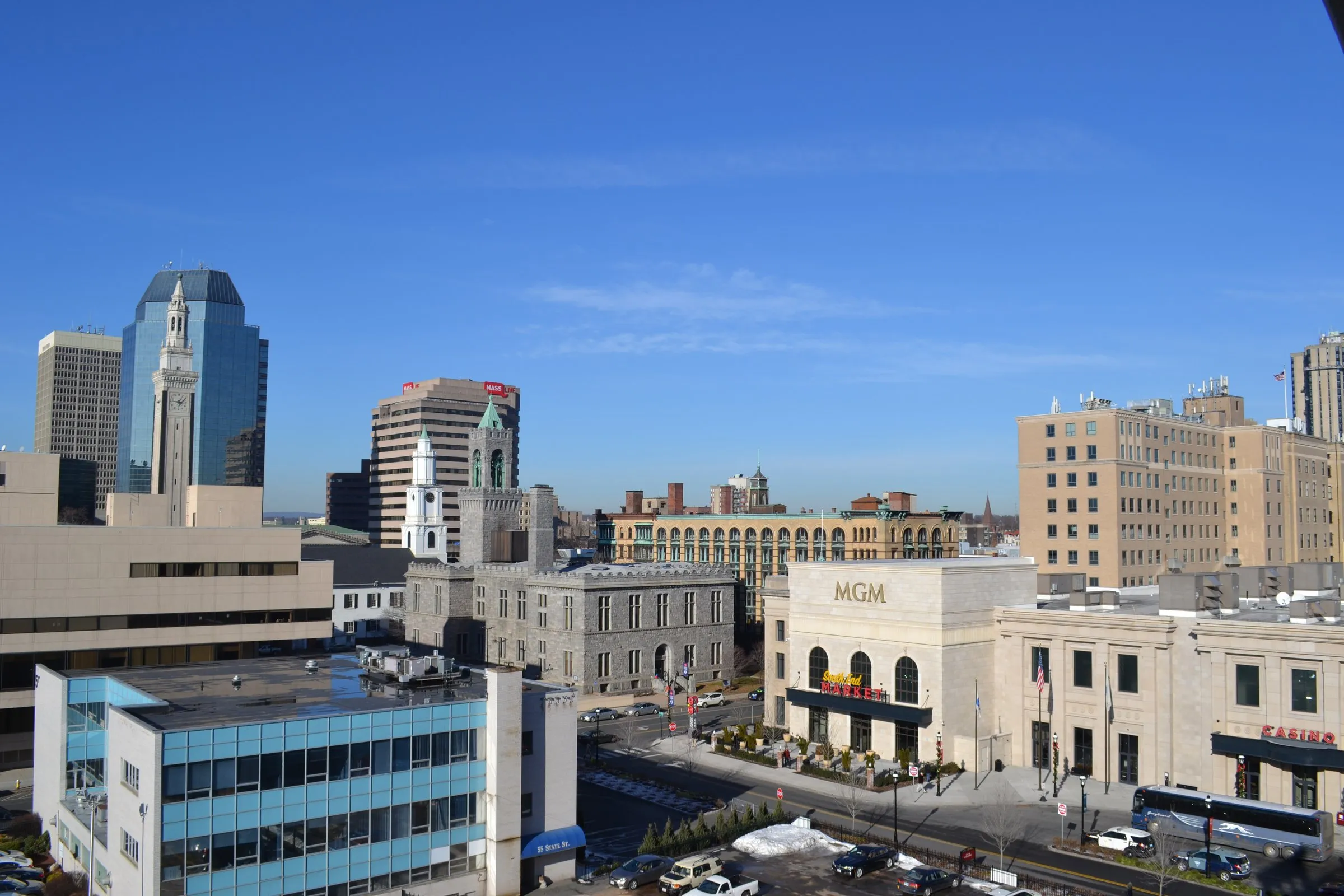 Skyline of downtown Springfield, Massachusetts, with commercial office towers and civic buildings